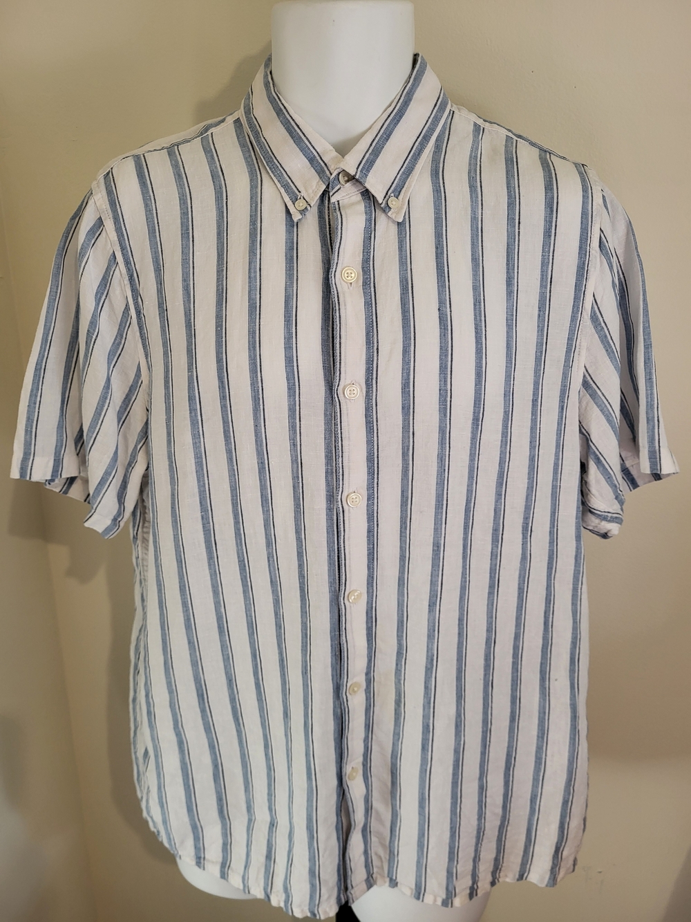 Abercrombie & Fitch A&F Linen Short-Sleeve Button-Down Shirt White/Blue Stripes